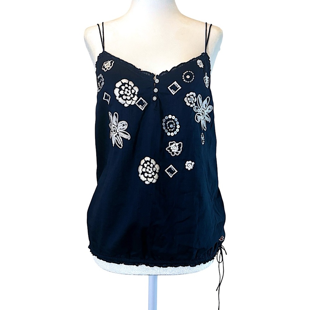 Vintage Hollister Navy Blue Embroidered Sequin Floral Cotton Cami Top Boho Large